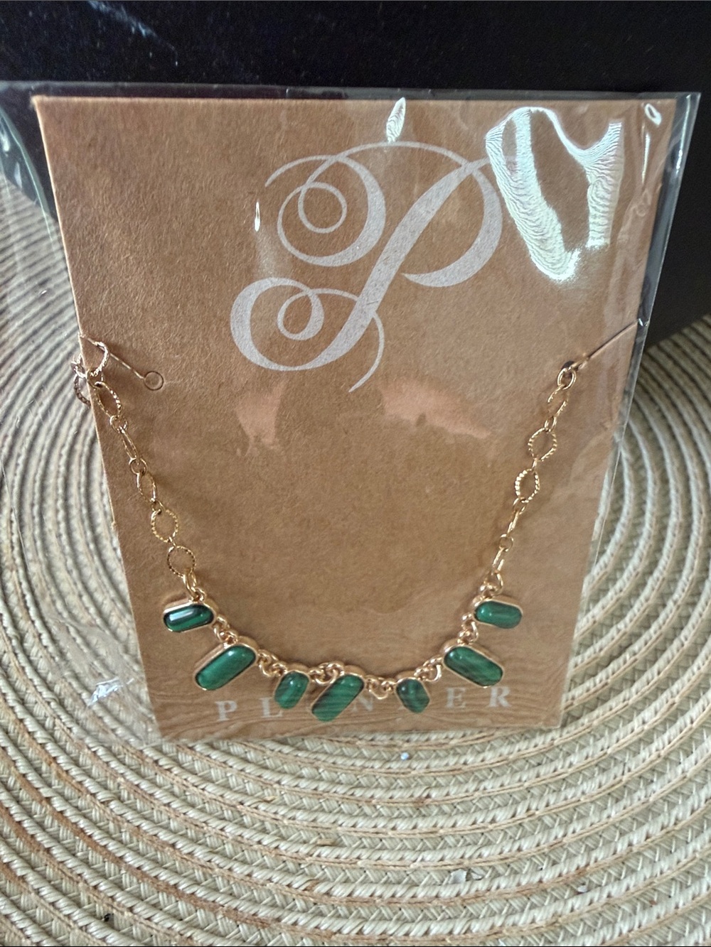 Plunder Gold-Tone Link Necklace with Green Stones & Hanging Logo Tag